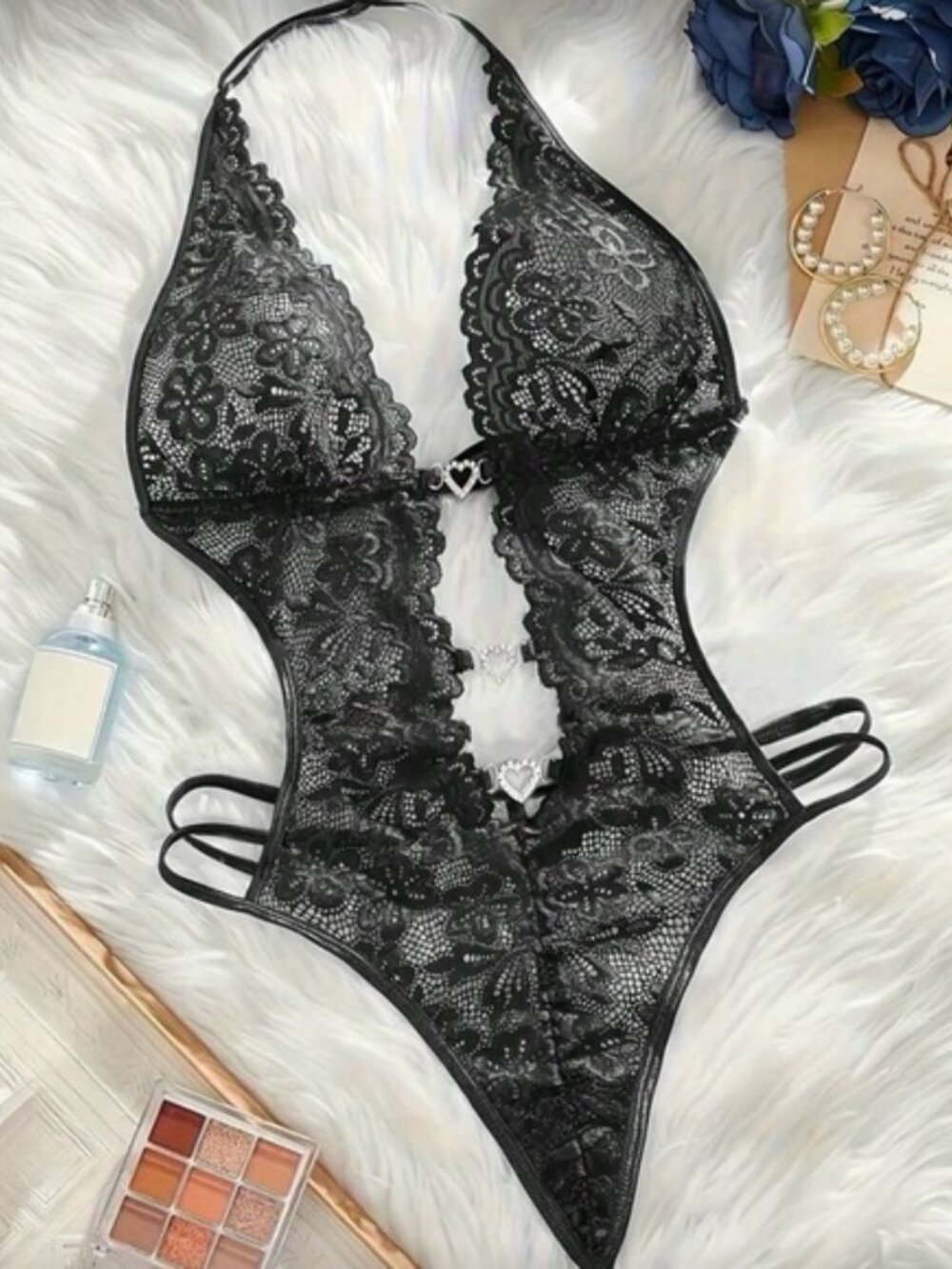Women's Sexy Lace Teddy Bodysuit S Black Sheer Cutout Heart Rhinestone NWT